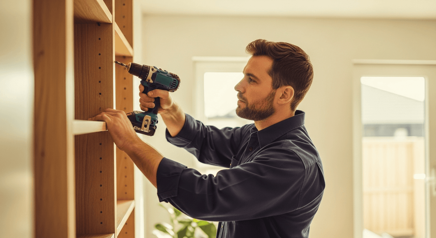 Handyman 208 professional installing shelving in a Caldwell home