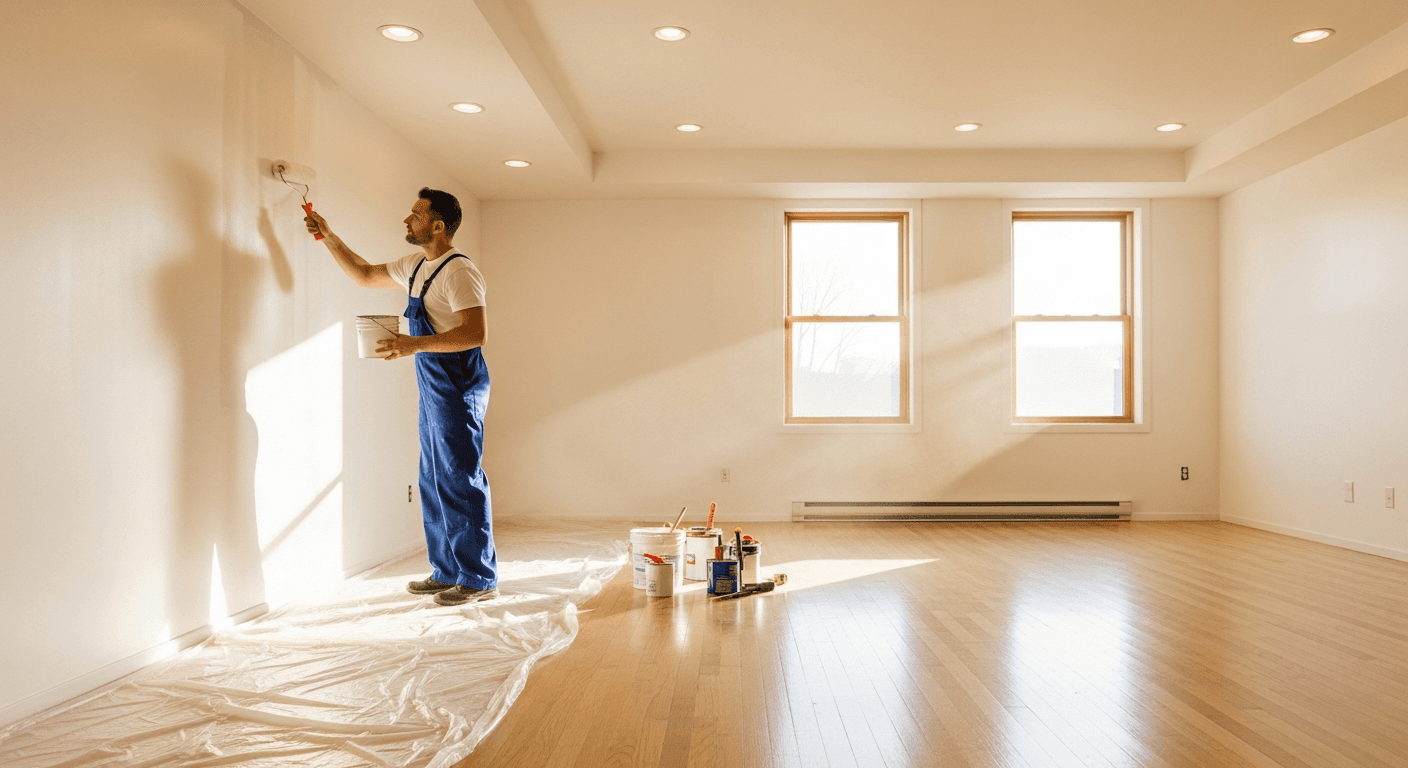 Professional handyman painting a rental unit between tenants in Caldwell