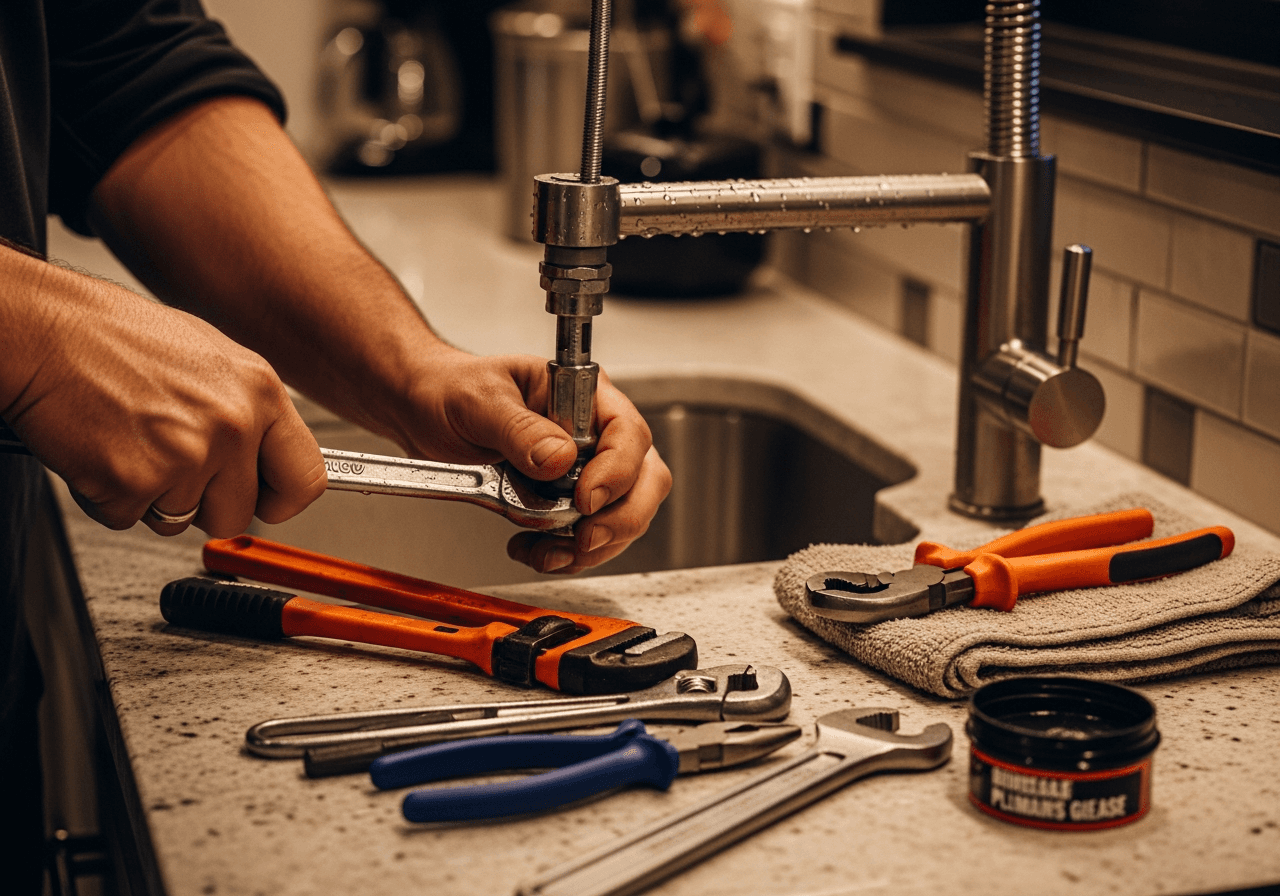 Professional handyman repairing a kitchen faucet in a Treasure Valley home